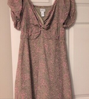 Opia Pink & Sage Floral Midi Dress with Puff Sleeves